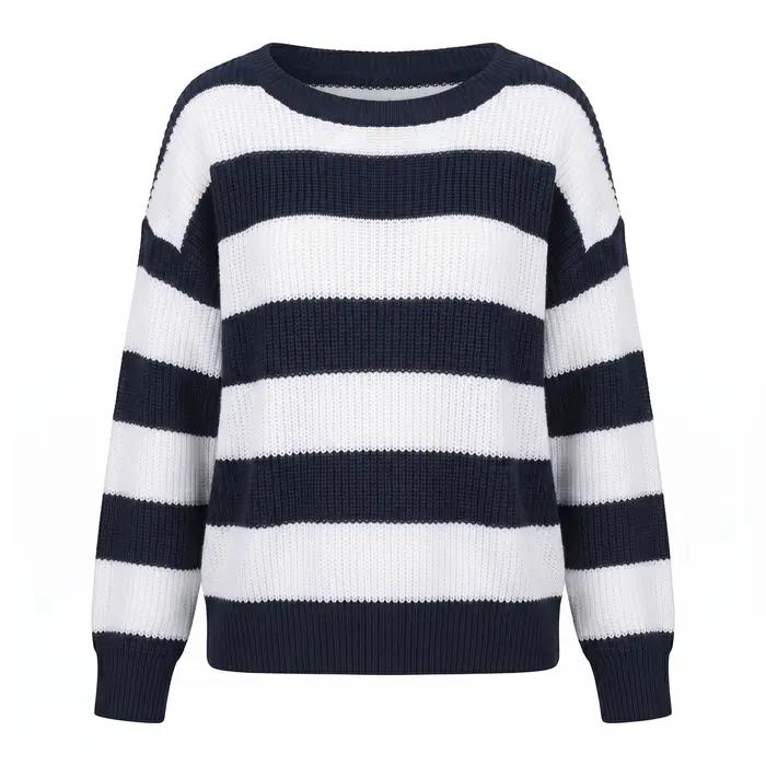 Pull en tricot rayé bleu marine et blanc pour femme, manches longues, col rond, coupe ample, décontr