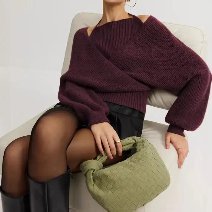 Pull à manches longues pour femme, col licou épissé, chauve-souris, haut tricoté, trou creux, Y2K, a