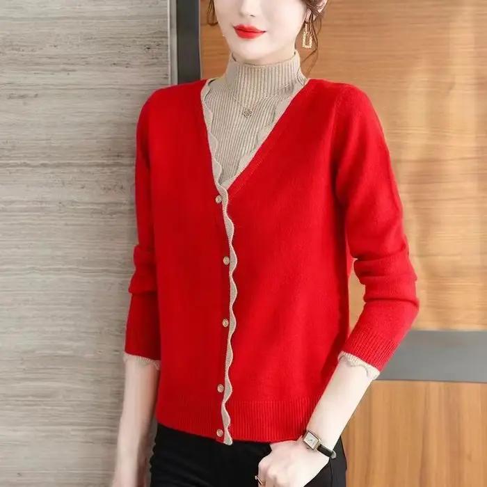 Pull à col mi-haut pour femme, faux deux pièces, bas tricoté, chemise élégante, boutons, automne hiv