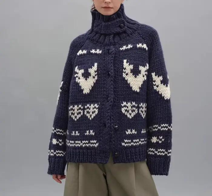 Veste pull à col roulé bleu marine pour femme, Cardigan tricoté ample à revers de noël, automne et h