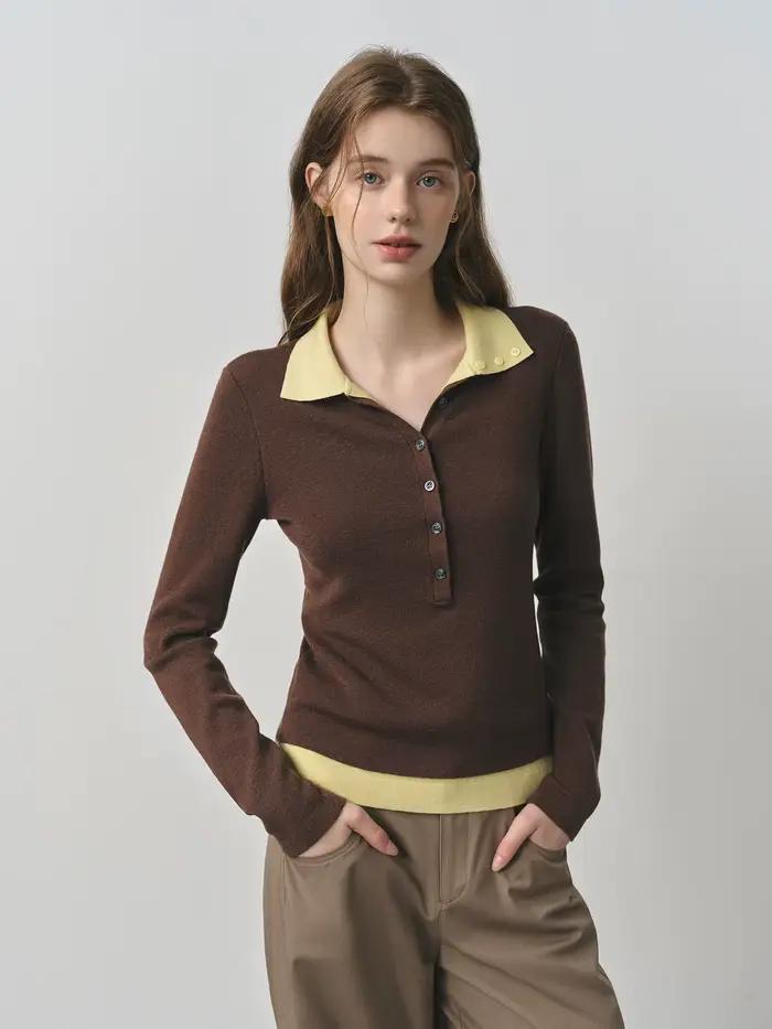 FSLE 2025 nouveau automne femmes pull tricoté couleur bloc Barenia Style faux deux pièces col tourna