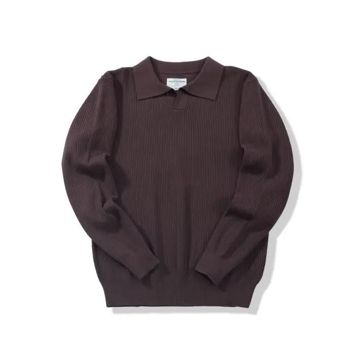 Polo à motif tressé à col mouette - Pull décontracté à manches longues en tricot épais 100% coton ré