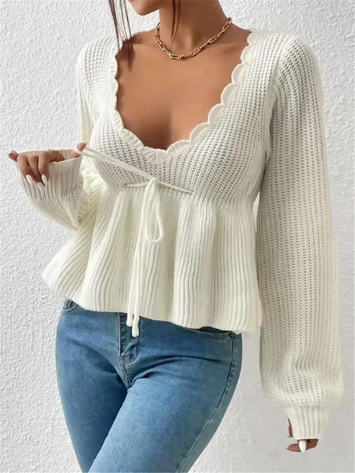Pull-over en maille unie décontracté et sexy à col en V, avec cordon de serrage et volants en dentel