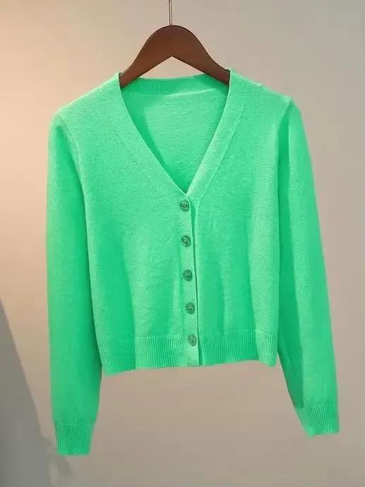 Cardigan en tricot boutonné pour femme, col en V, manches longues, décontracté, court, gris et blanc