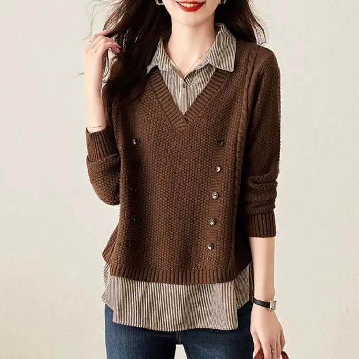 Pull en maille à effet deux pièces pour femme, avec col chemise et empiècements, style coréen ample 