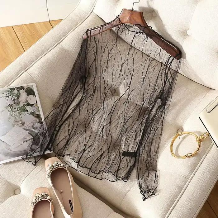 T-shirt en maille à manches longues pour femmes, chemise astronomique fine, chemise en dentelle tran