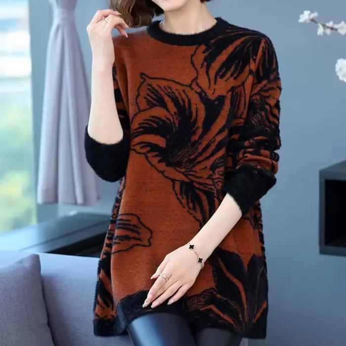 Pulls mi-longs floraux floqués pour femmes, pulls optiques chauds, fixation en résine, col rond, vêt