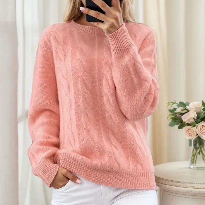 Nouveau Pull Tricoté Jacquard Uni pour Femme Automne Hiver 2026, Manches Longues, Col Rond, Coupe Am