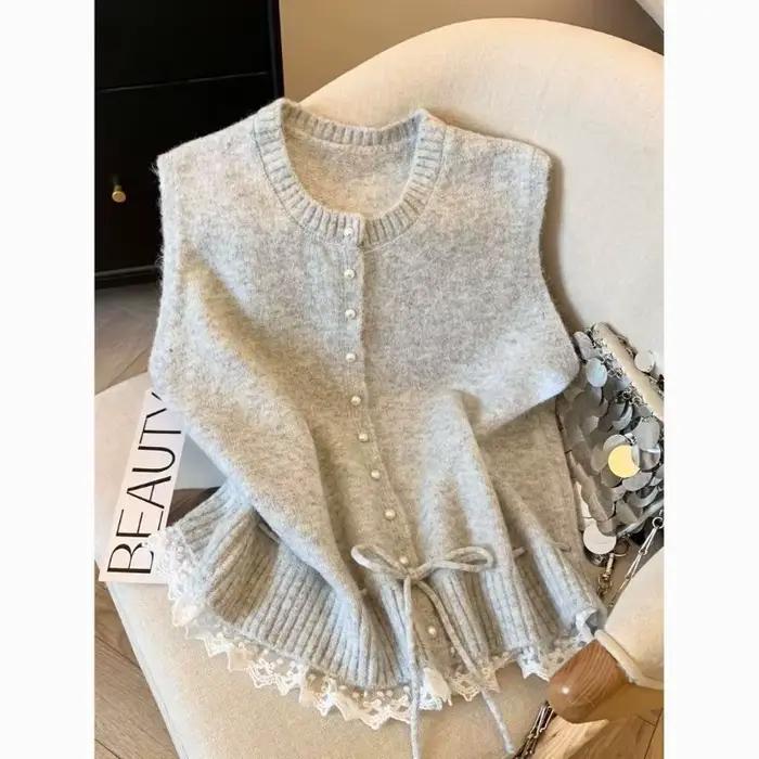 Pull gilet manteaux femmes Patchwork dentelle ourlet inférieur à lacets tricots Cardigan perle boucl