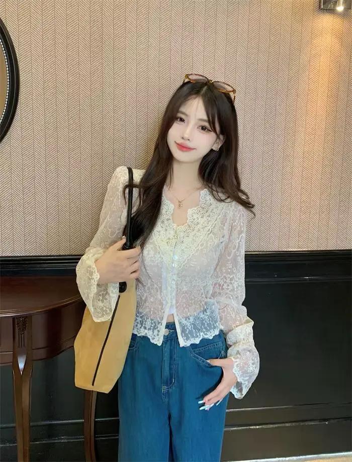 Cardigan Français en Dentelle pour Femme, Nouveau Design, Fouet, Crème Solaire, Solide, Document Pol