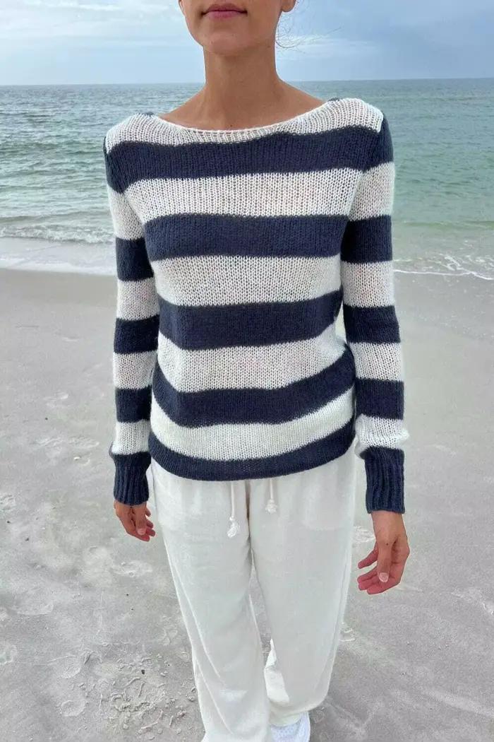 Pull en tricot transparent à rayures bleu marine et blanc pour femme, col bateau, manches longues, d