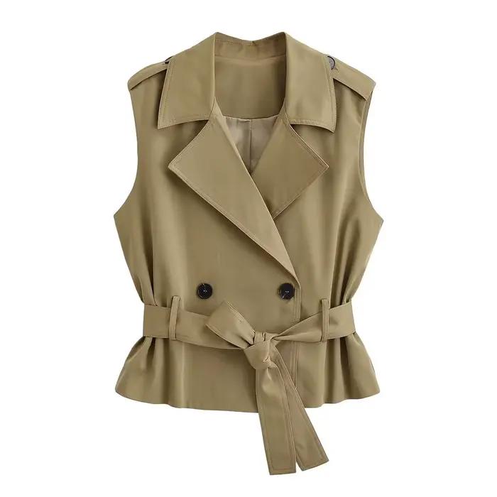 HH Femme Nouvelle Collection Été 2026 Gilet Ajusté Kaki Polyvalent Ceinturé Style Urbain Double Bout