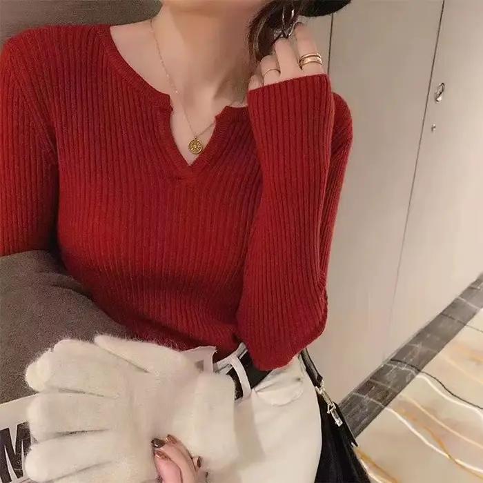 Pull à col en v pour femmes, nouvelle mode automne hiver, chemise de Base tricotée, sous-vêtements S