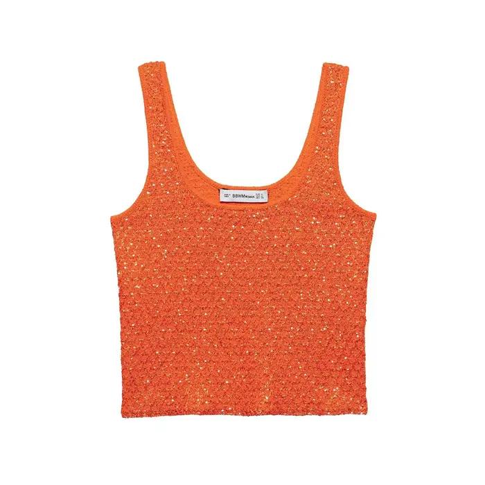 Paillettes tricoté femmes couche de finition licou gilet perle col rond coupe ajustée Cardigan chemi