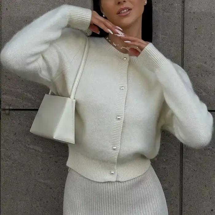 Femmes chandails élégants Cardigan automne hiver femme col rond simple boutonnage tricoté vêtements 
