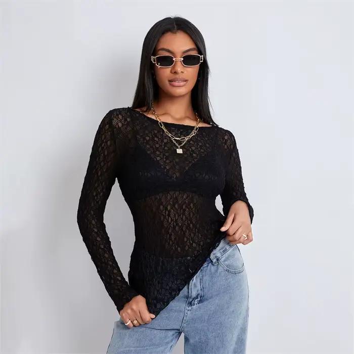 Puloru-Pull transparent en dentelle transparente pour femme, manches longues, col rond, coupe couver