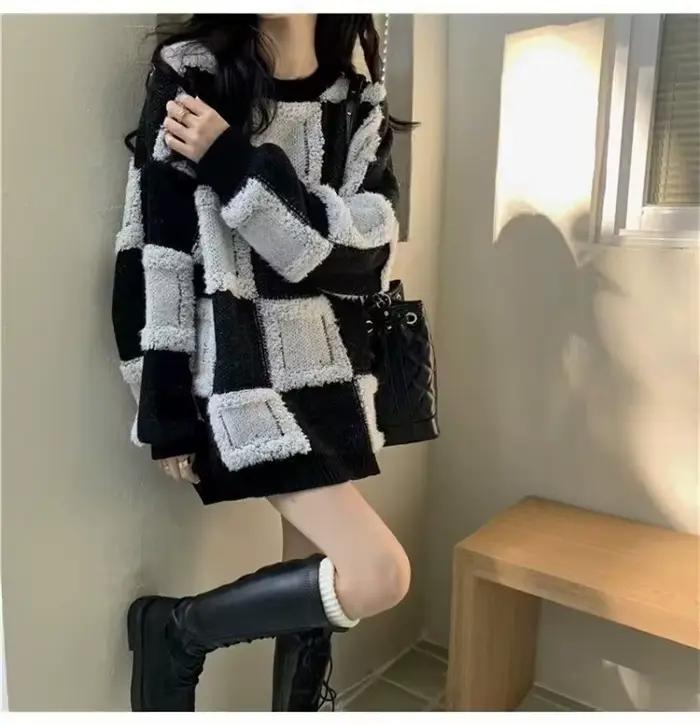 Pull à carreaux pour femmes en automne et en hiver, couche intérieure épaisse, nouveau Style paresse