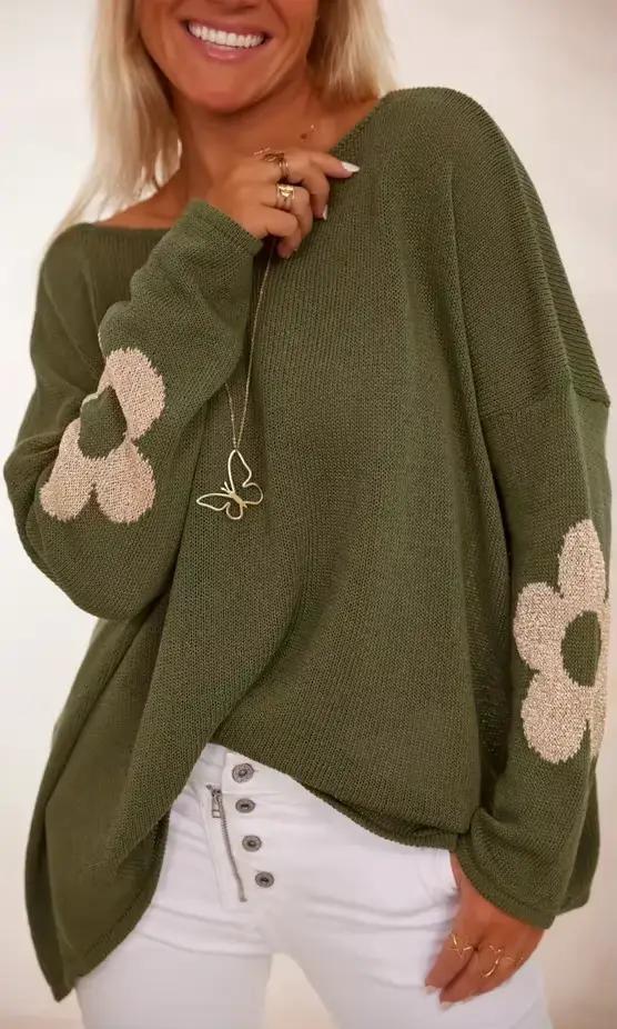 Pull à manches longues vert Olive pour femme avec embellissements floraux beiges Pull décontracté à 