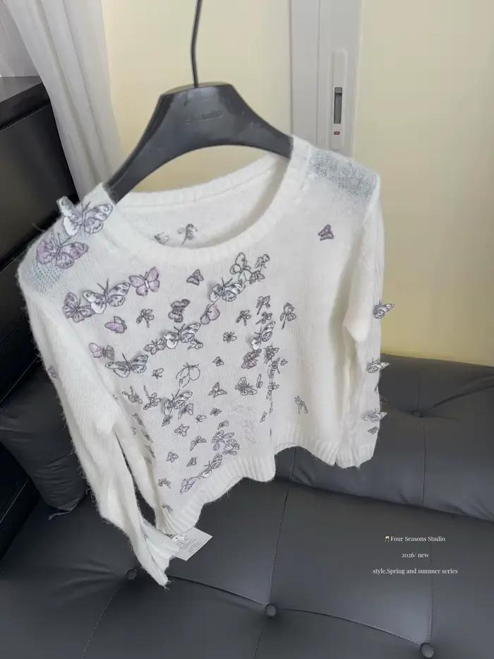 Pull en tricot pour femme, style coréen vintage, couleur unie, brodé, col rond, manches longues, déc