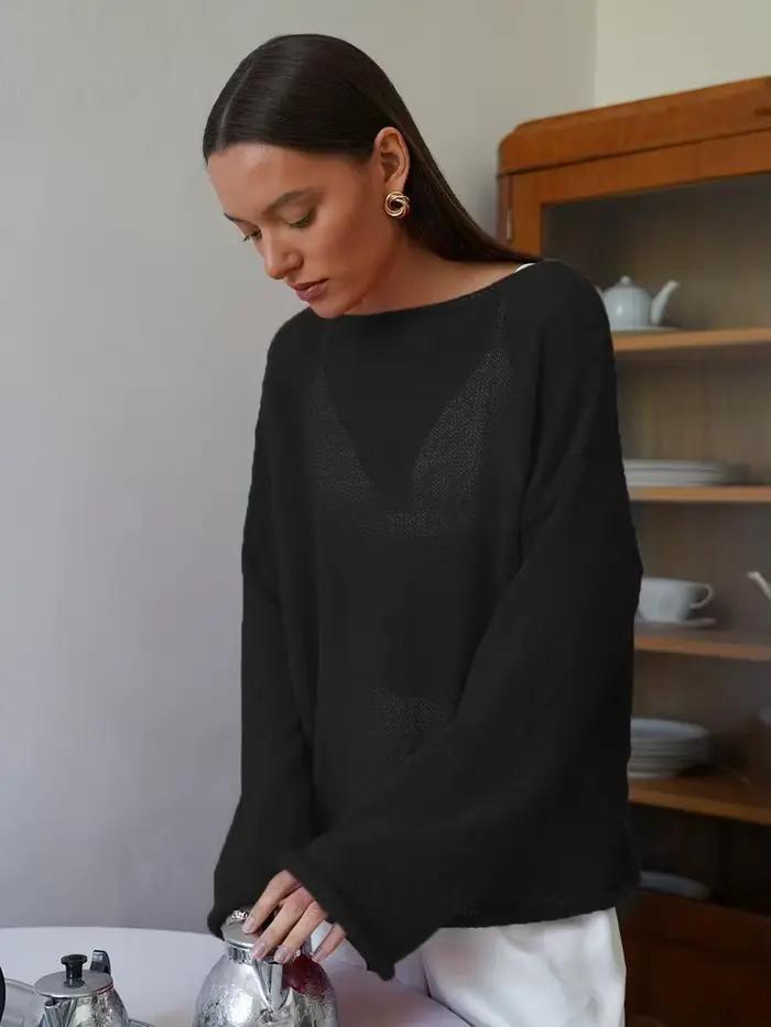 Pull en tricot en maille transparente pour femme, surdimensionné, col bateau, manches longues, chemi