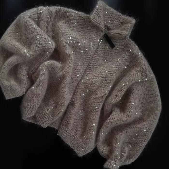 Pull à paillettes à Double fermeture éclair, Cardigan en tricot brillant et décontracté pour femme, 