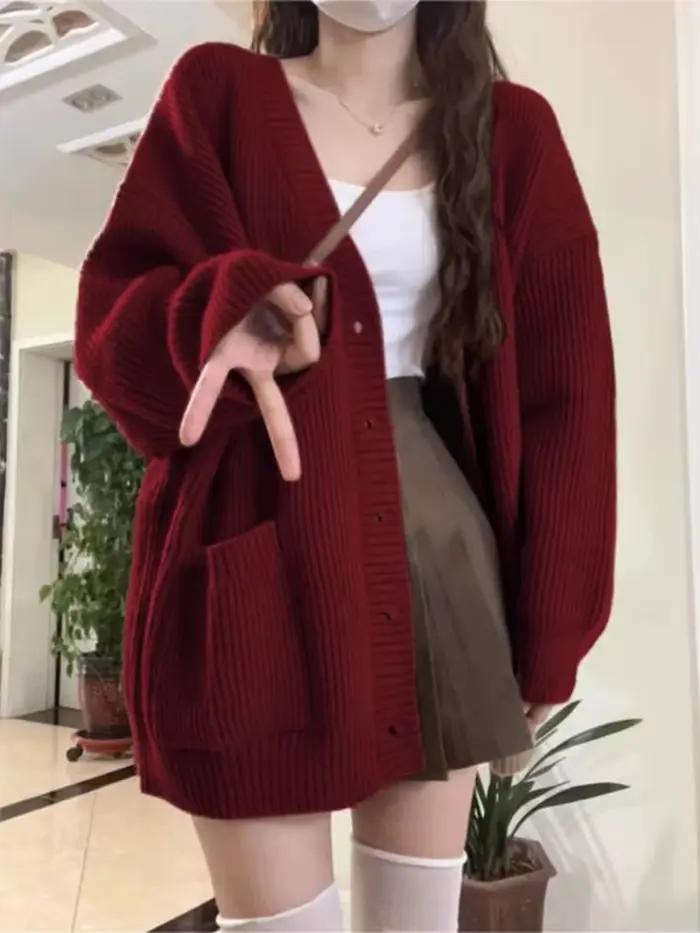 Cardigan en cachemire pour femme, col en v, rétro, paresseux, tricoté, manteau cireux doux, ample, n