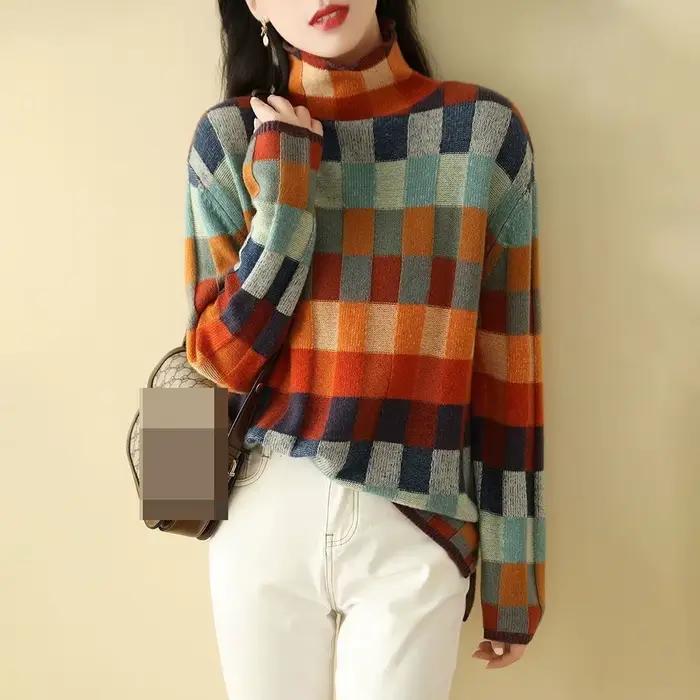 Pull tricoté de couleur épaisse pour femmes, style étranger, paresseux, col haut, à carreaux fins, n