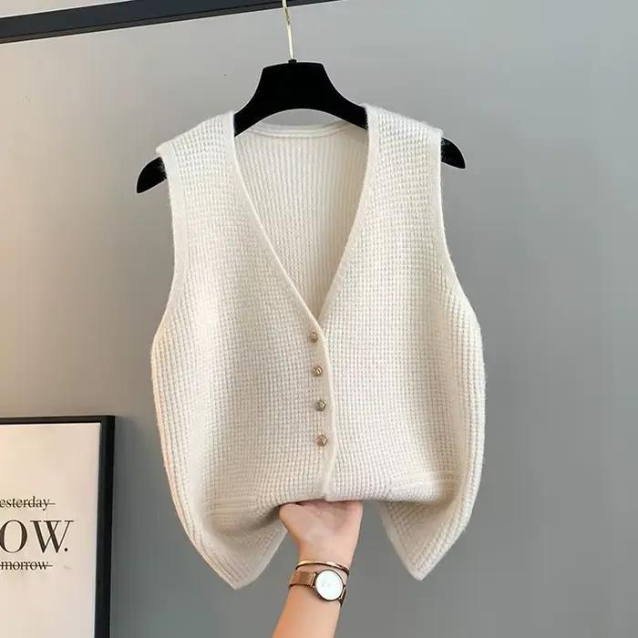 Gilet pull tricoté pour femme, col en V, sans manches, simple boutonnage, couleur unie, coupe ample,