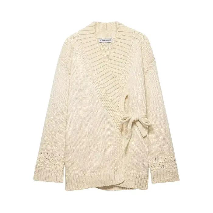 Cardigan en tricot pour femme HH, style kimono, col montant, manches longues, avec lacets décoratifs