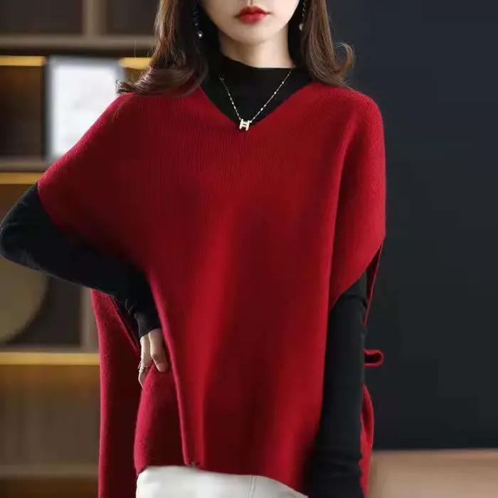 Pull en tricot sans manches col en V gilet femme hauts pull pull chauve-souris tricots Vintage solid