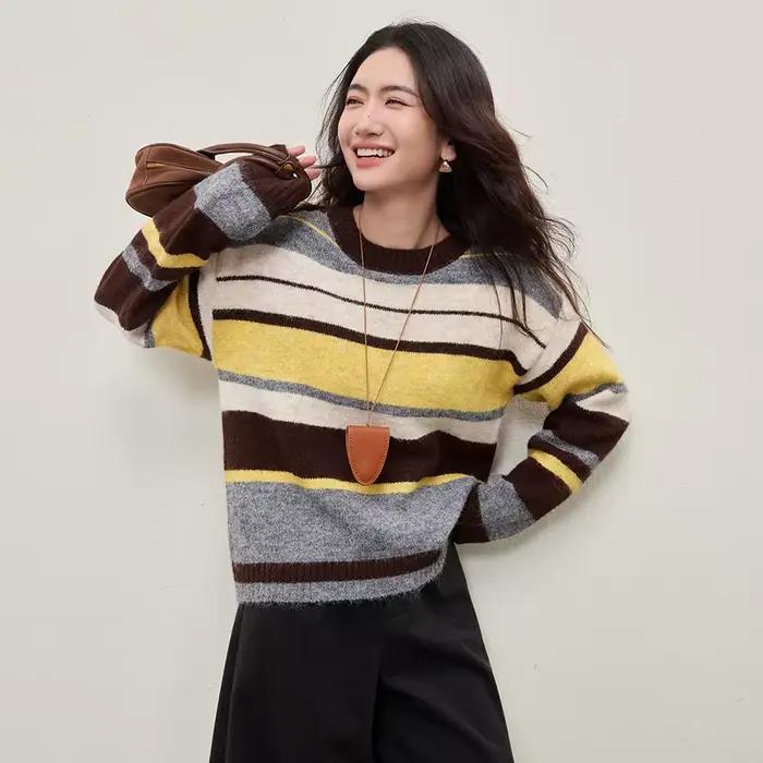 Pull pour femme SENTUBILA à haute élasticité, collection hiver 2026, rayé simple, col rond, chaud, m