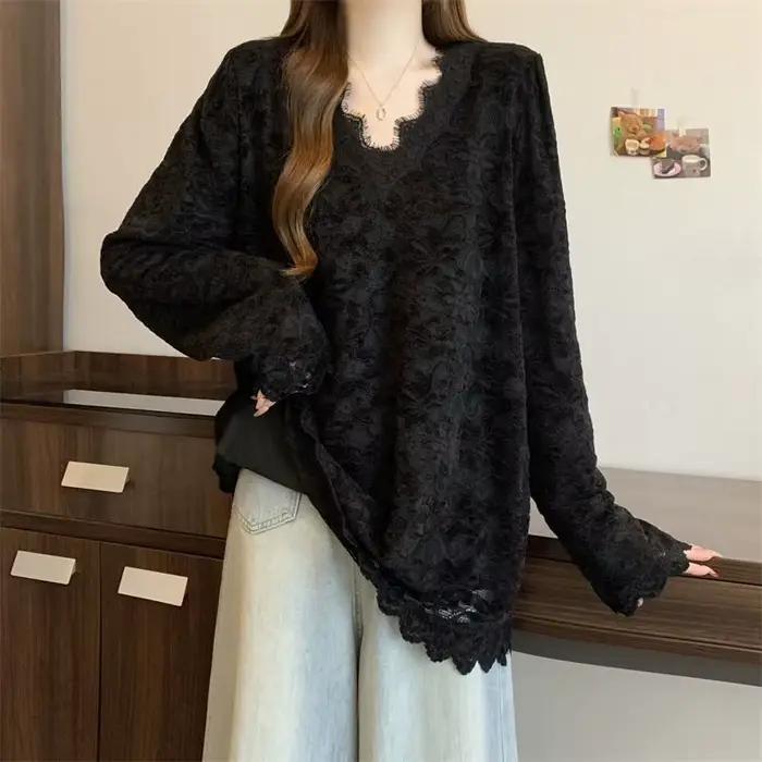Col en V dentelle Patchwork lâche coréen pulls haut automne hiver nouveau à manches longues solide d