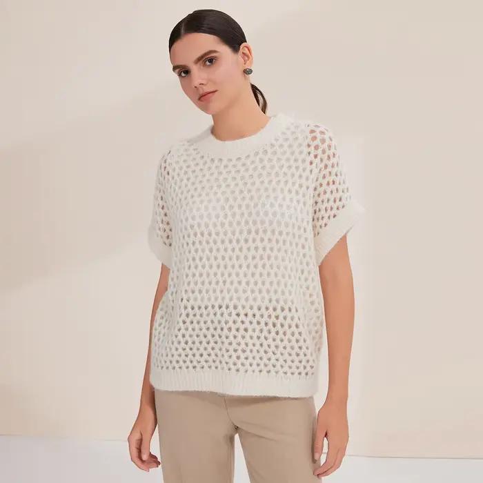 BY4521312 Pull en tricot mélangé de cachemire pour femme, manches courtes, col rond, motif Crochet, 