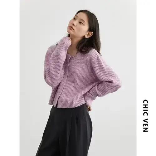 CHIC VEN-Cardigan à simple boutonnage pour femme, pull à manches longues, col rond, pulls doux pour 