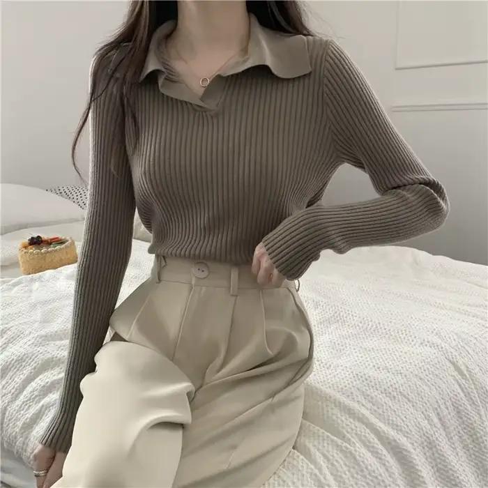 Pull à Revers à Manches sulfpour Femme, Vêtement Basique, Solide, Jersey, Collection Automne Hiver