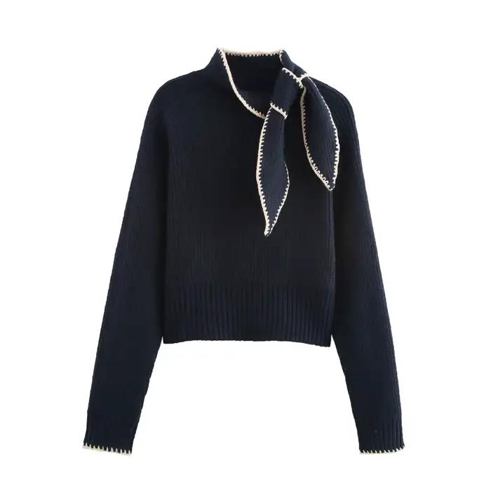 HH femmes hiver nouvelle mode polyvalent nœud décoré pull femme décontracté mince col montant à manc