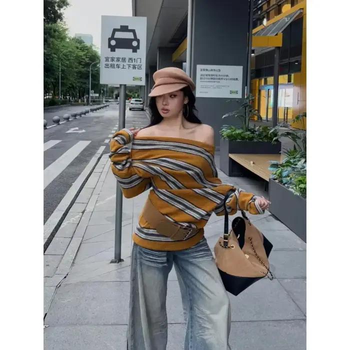 Haut rayé à épaules dénudées avec ceinture, ourlet asymétrique, pull en tricot au Design Unique, pul