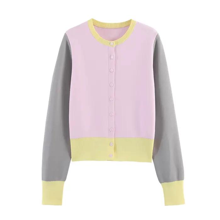 Cardigan en tricot rose et gris pour femme, manteau de printemps, veste élégante à manches longues e