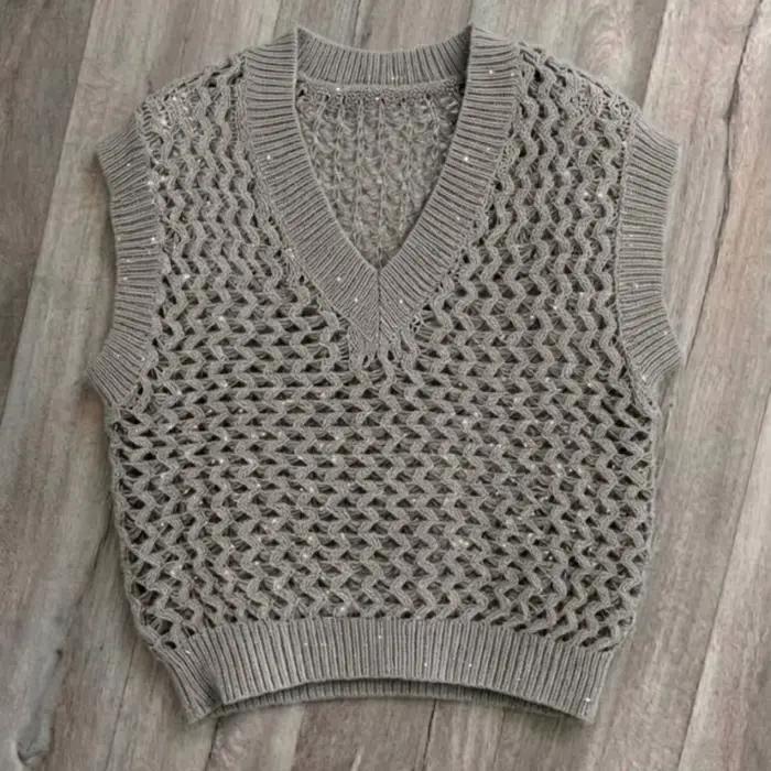 Gilet en tricot ajouré à col en V pour femme, décoré de sequins, court, sans manches, pull décontrac