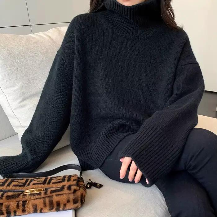 Pull à col roulé européen pour femme, 100% pur cachemire, épais, ample, style paresseux, bas 107, pu