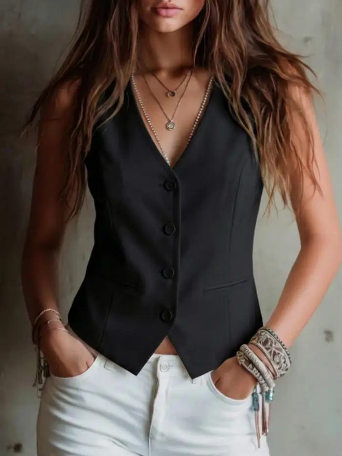 Gilet sans manches pour femme, col en V, boutonné devant, style décontracté, élégant, adapté au prin