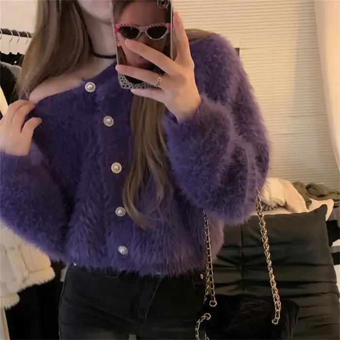 Cardigan en Mohair Moelleux pour Femme, Pull en Fourrure à Col Rond, Boutonné, Chaud, Style Coréen, 