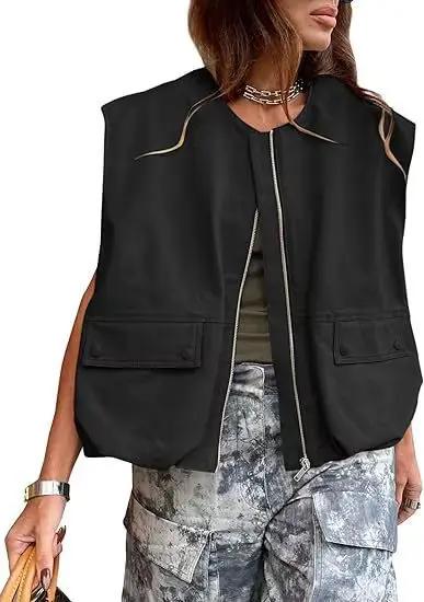 Gilet à fermeture éclair pour femmes, veste ample sans manches, couleur unie, surdimensionné, décont