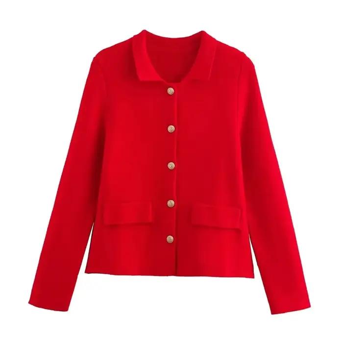 Cardigan en tricot pour femme HH, boutons dorés, manches longues, col à revers, pull décontracté chi