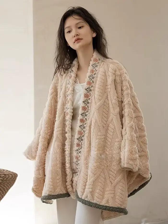 Cardigan rétro en velours pour automne et hiver, couche extérieure ample, Style moyen à Long, châle,