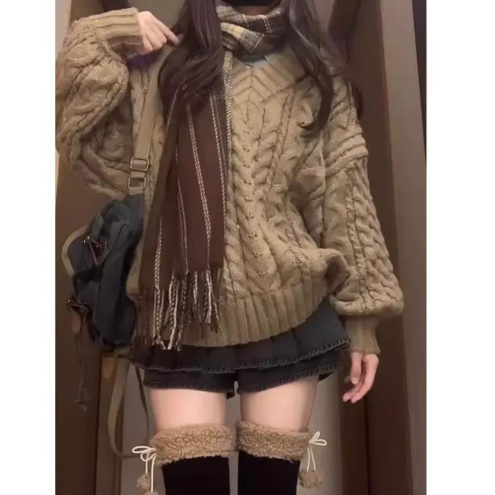 Pull tricoté épais surdimensionné pour femme, col en v, manches longues, lanterne, nouveau Style, St