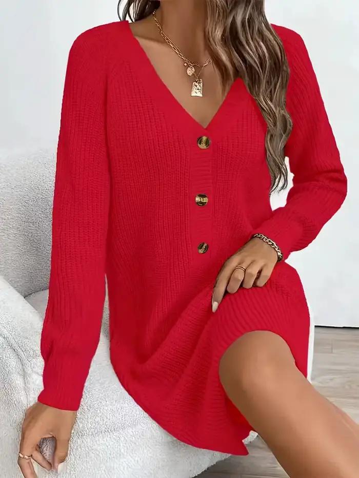 Robe pull à manches raglan et col en V pour femme - Robe à manches longues avec fermeture à bouton u