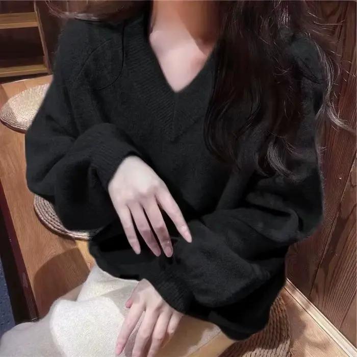 Pull de couleur unie à col en v pour femmes, automne et hiver, pull doux et gluant, Base tricotée, 2