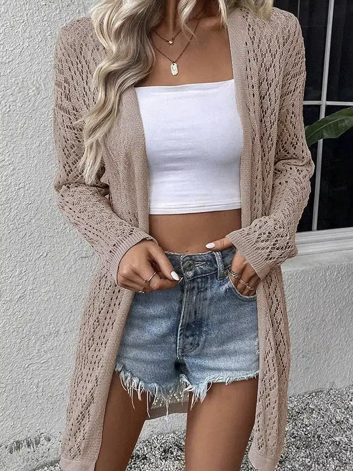 Cardigan long pour femme, beige, ouvert sur le devant, en tricot léger, crocheté ajouré, manches lon