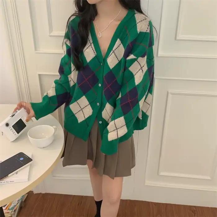 Cardigan à carreaux de diamants pour femmes, manteau pull coréen, manches longues, tout optique, vêt
